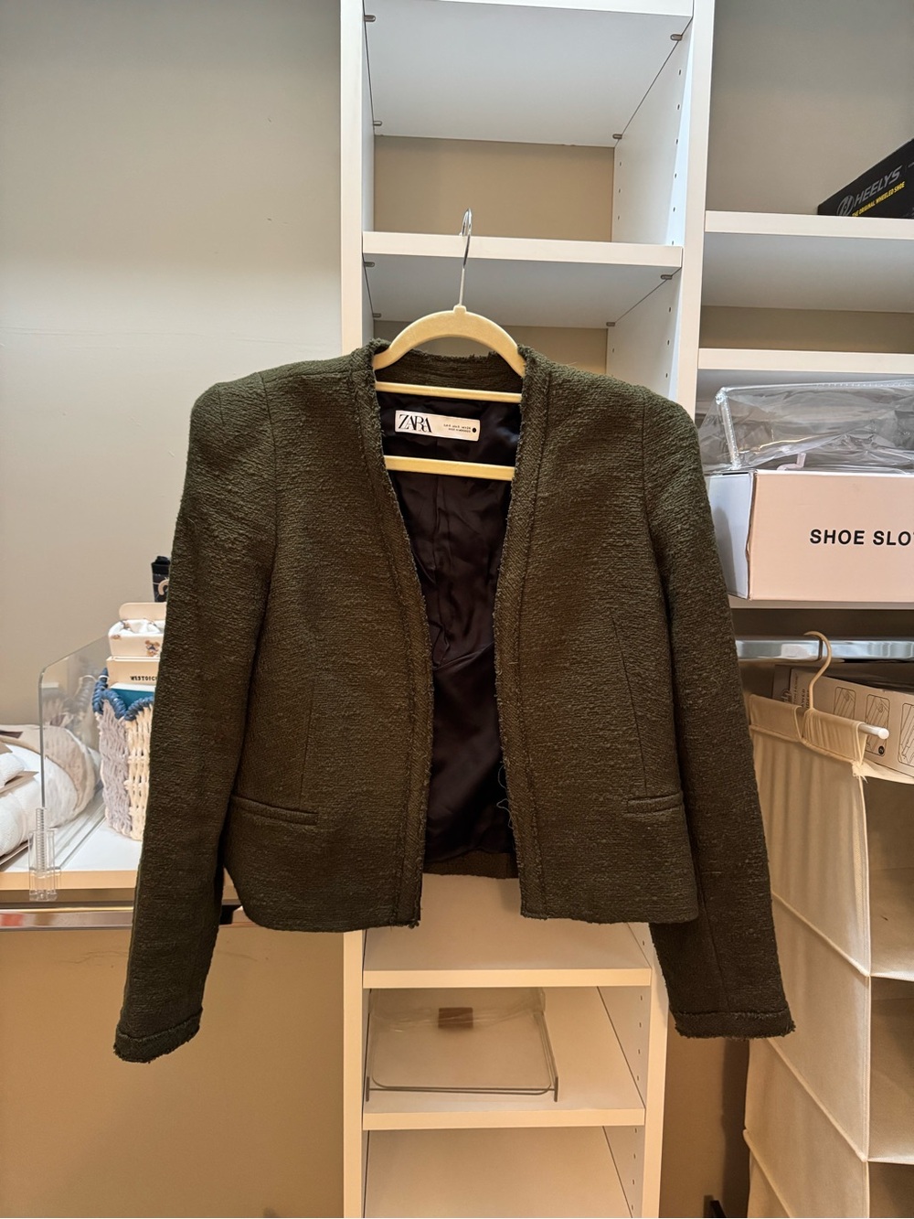 Zara Women's Olive Green Tweed Open-Front Jacket